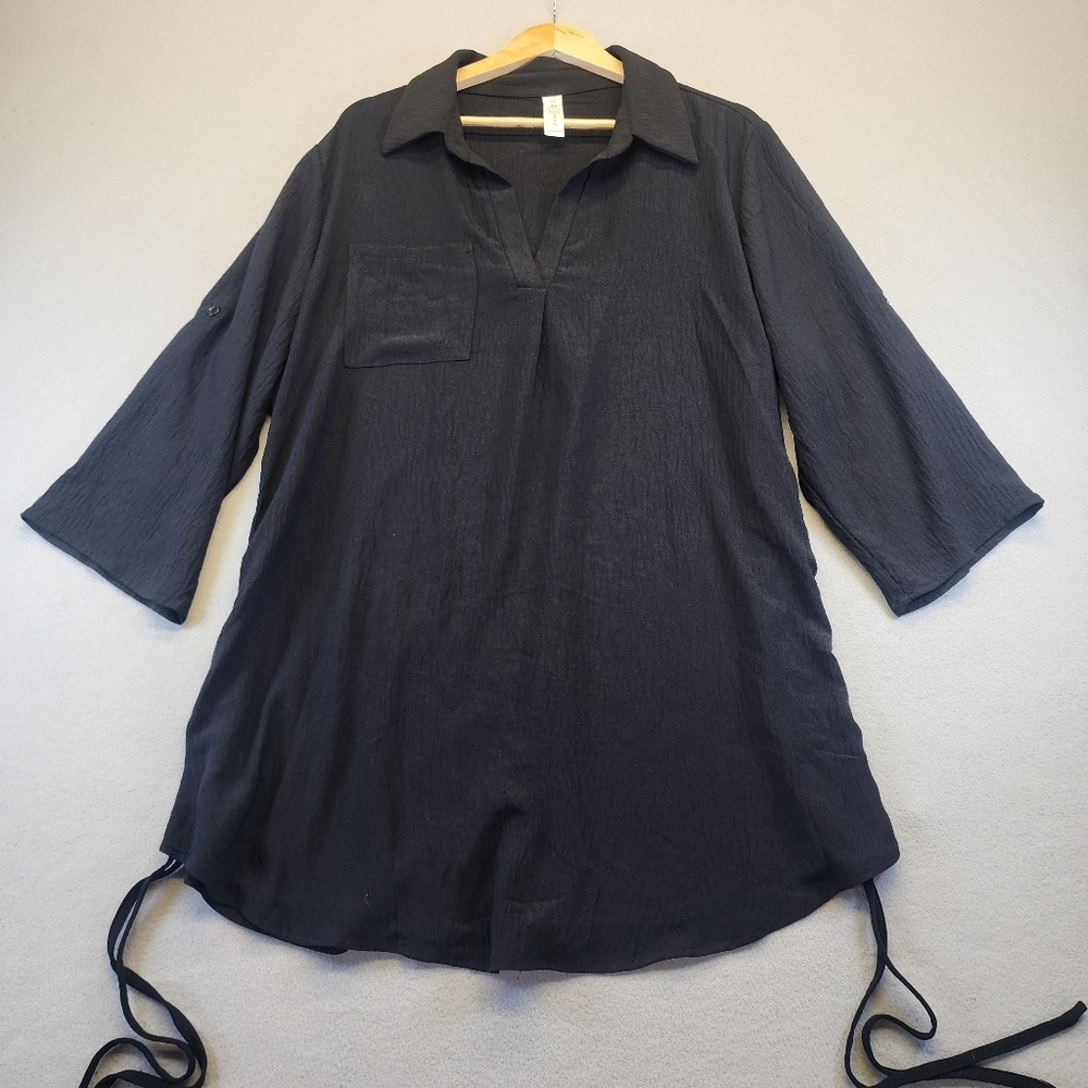 Top Notch Black Ruched‎ Tunic Top XXL Crinkle Knit 3/4 Sleeve Blouse Minimalist